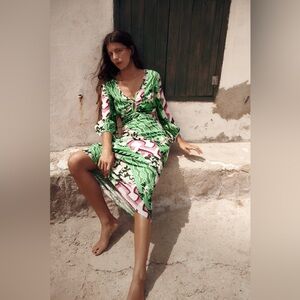 NWT ZARA Midi/Maxi Dress Linen Blend Long Cut Out Back Print sz XS